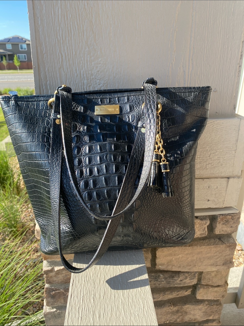 Brahmin Black Croc-Embossed Leather Tote with Tassel Charm